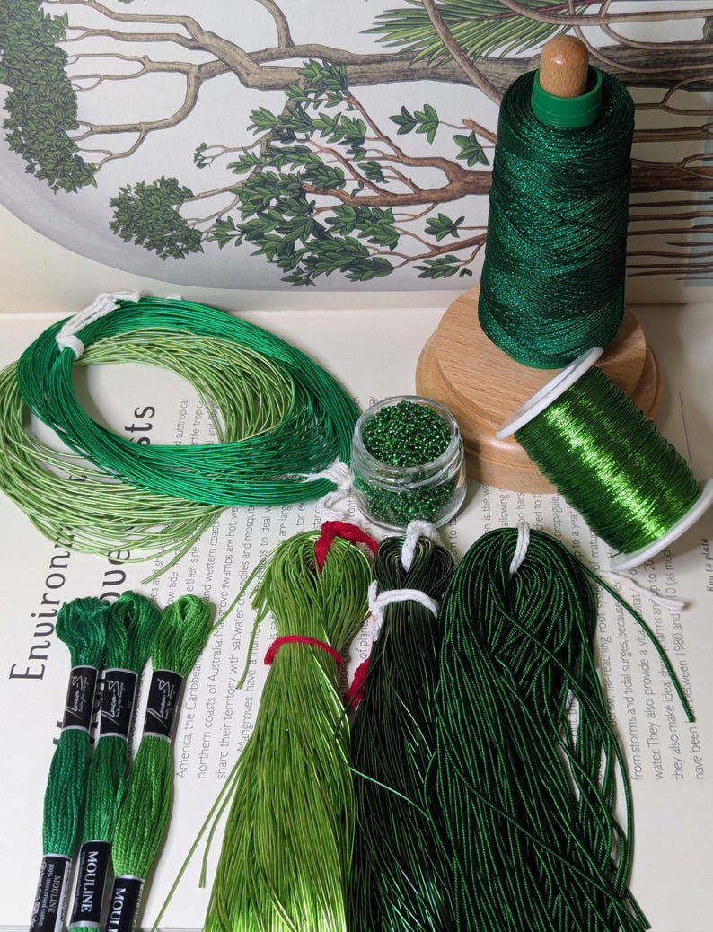 Green Emerald Embroidery Materials Kit for: Goldwork, Tambour, Luneville, Zardozi