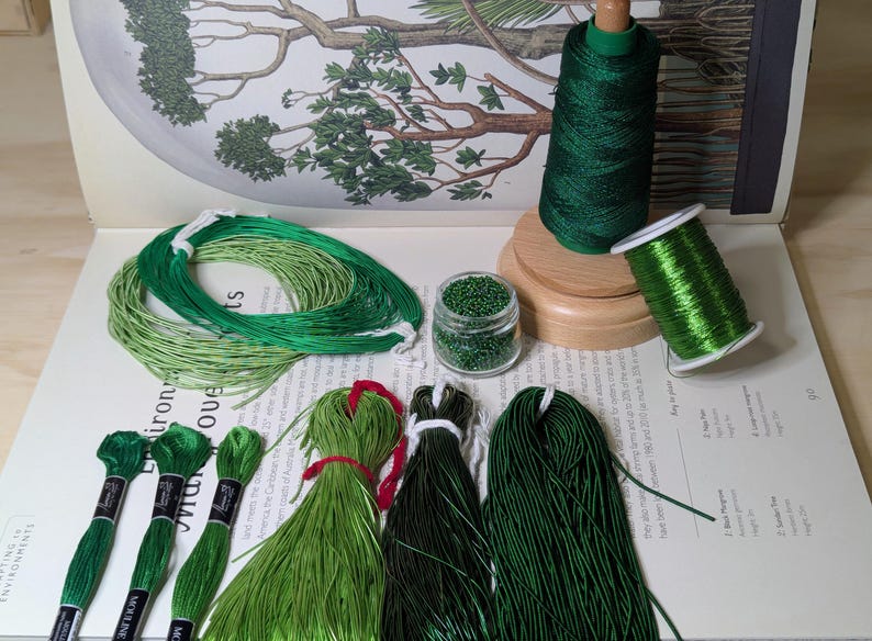 Green Emerald Embroidery Materials Kit for: Goldwork, Tambour, Luneville, Zardozi