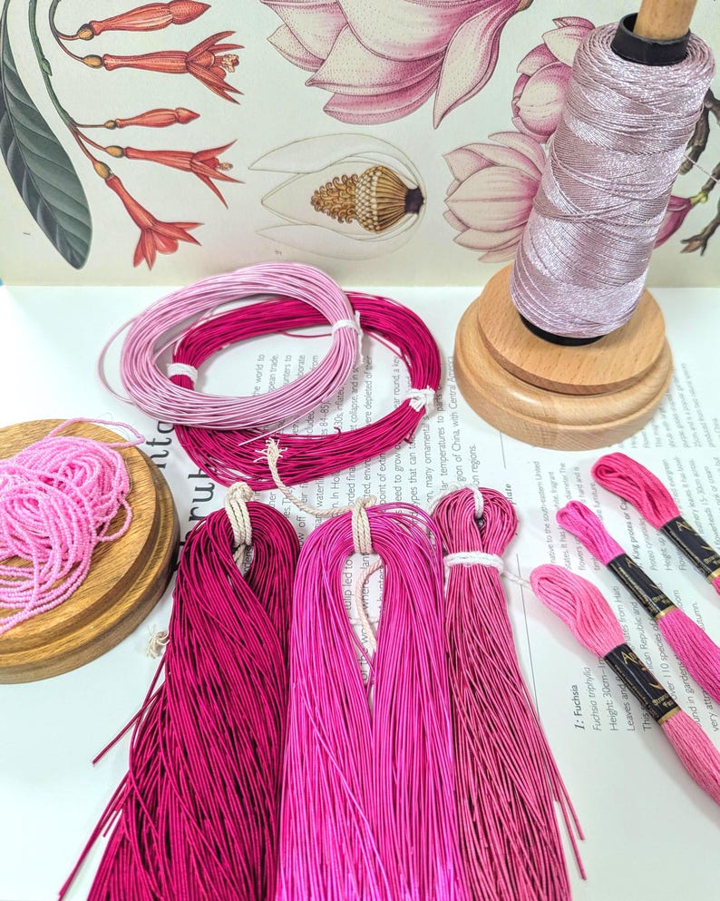 Pink Embroidery Materials Kit for: goldwork, tambour, luneville, zardozi - Smooth purl french wire